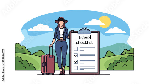 Modern vector illustration of travel checklist and planning board, organization and preparation concept ideal for trip planning and travel education