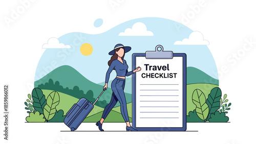 Modern vector illustration of travel checklist and planning board, organization and preparation concept ideal for trip planning and travel education