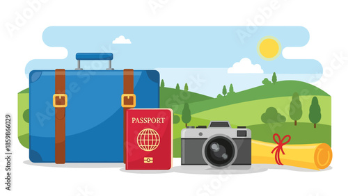 Modern vector illustration of travel essentials set including suitcase, passport, camera, and map, ideal for tourism marketing and travel preparation content