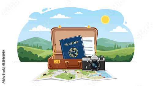 Modern vector illustration of travel essentials set including suitcase, passport, camera, and map, ideal for tourism marketing and travel preparation content