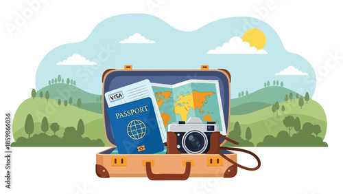 Modern vector illustration of travel essentials set including suitcase, passport, camera, and map, ideal for tourism marketing and travel preparation content