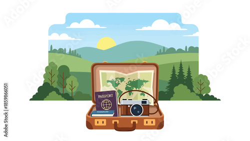 Modern vector illustration of travel essentials set including suitcase, passport, camera, and map, ideal for tourism marketing and travel preparation content