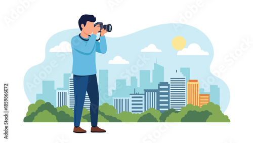 Modern vector illustration of solo traveler taking photos, sightseeing and urban exploration concept ideal for tourism, blogging, and travel lifestyle visuals