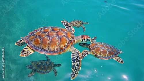 Wallpaper Mural Family of sea turtles swimming together in clear turquoise ocean water, sunlight shimmering on the surface. Torontodigital.ca