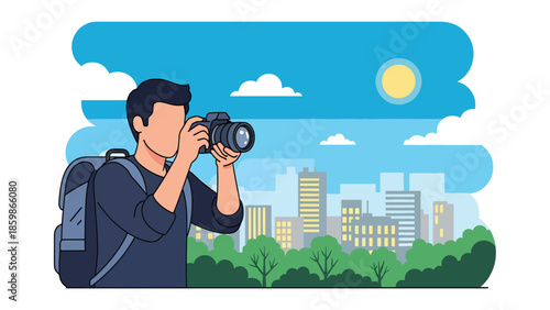 Modern vector illustration of solo traveler taking photos, sightseeing and urban exploration concept ideal for tourism, blogging, and travel lifestyle visuals