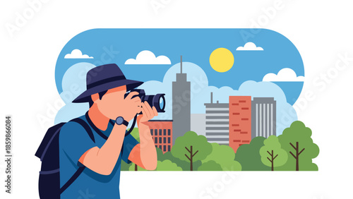 Modern vector illustration of solo traveler taking photos, sightseeing and urban exploration concept ideal for tourism, blogging, and travel lifestyle visuals