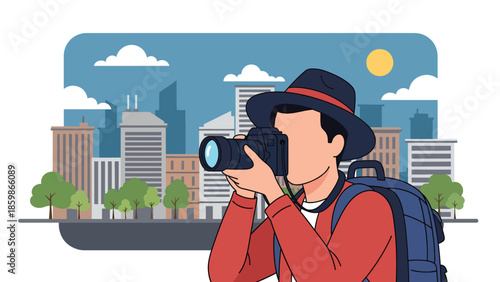 Modern vector illustration of solo traveler taking photos, sightseeing and urban exploration concept ideal for tourism, blogging, and travel lifestyle visuals