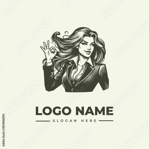 A woman in a business suit with long hair making an okay gesture, logo vector illustration with a simple background and text space for a name and slogan.