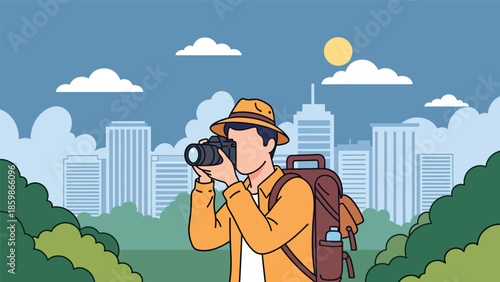 Modern vector illustration of solo traveler taking photos, sightseeing and urban exploration concept ideal for tourism, blogging, and travel lifestyle visuals