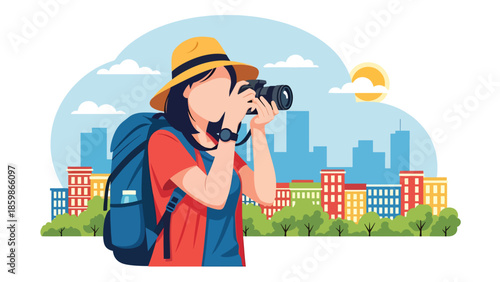Modern vector illustration of solo traveler taking photos, sightseeing and urban exploration concept ideal for tourism, blogging, and travel lifestyle visuals