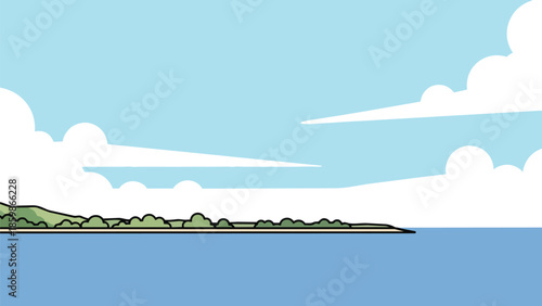 A serene minimalist illustration depicting a tranquil coastal scene with calm blue waters, a green land strip, and a bright blue sky with simple cloud