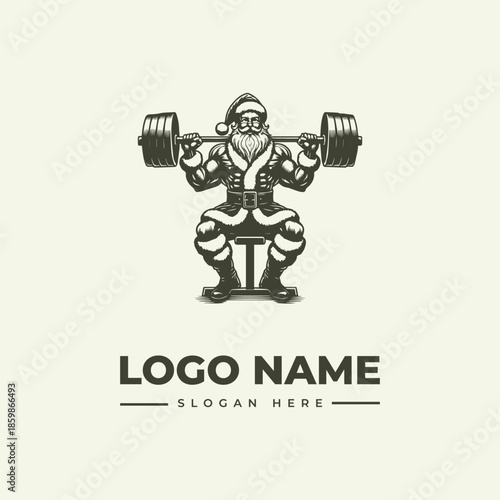 A muscular illustration of a weightlifter in a squat position holding dumbbells, with a logo and slogan text below on a plain background.