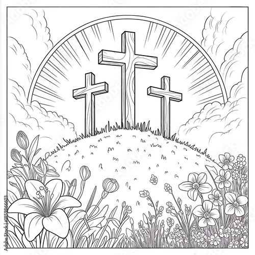 Three Crosses on a Hill: Vintage Line Art Illustration with Roses and Lilies in a Spring Landscape for Easter and Christian Faith
