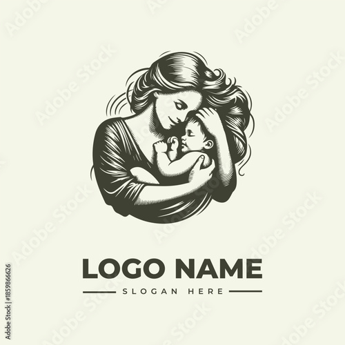 A tender illustration of a mother cradling her baby, with a logo and slogan text on a clean background, conveying a loving and nurturing scene.