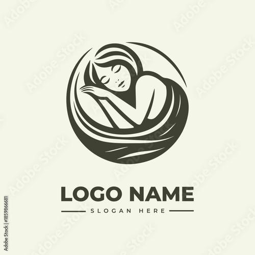 A minimalist logo featuring a serene woman in a circular, swirling design with a placeholder text for logo name and slogan on a cream background, in a vintage engraving style.