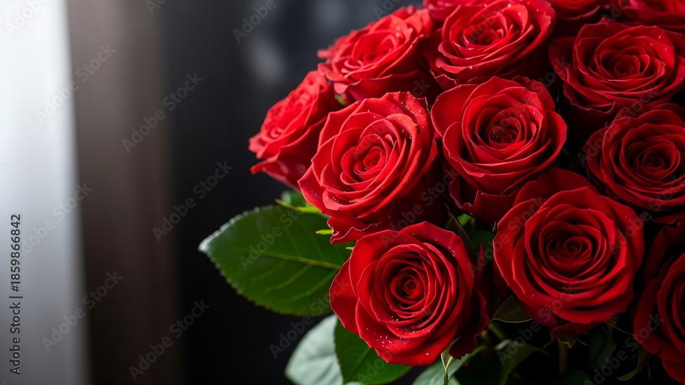 Obraz premium Bouquet of red roses for valentine, fresh flowers close up, romantic mood, natural light, dark elegant background, shallow depth of field, premium stock photo, no people, no text seven