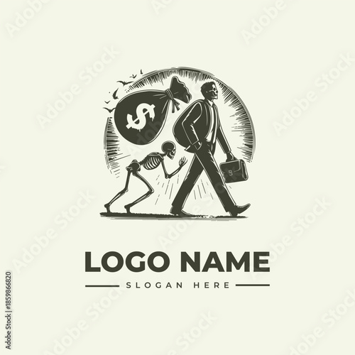 A vintage engraving-style logo featuring a suited man walking with a briefcase while a smaller figure carries a large money bag with a dollar sign, against a woodcut-inspired circular