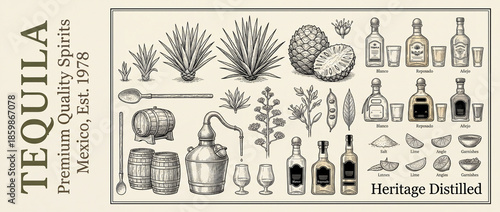Engraved artistic collection of premium tequila bottles and elements from Mexico's heritage since 1978