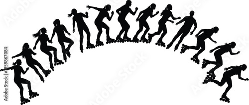 Roller skating movement sequence silhouette vector illustration, dynamic freestyle skating action poses, extreme sports motion concept, urban fitness, youth activity and balance training theme