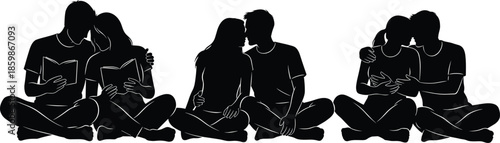 Romantic couple silhouettes sitting together reading and hugging, love relationship intimacy concept, young partners lifestyle scene, black vector illustration