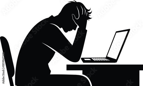 Stressed man working at laptop silhouette vector illustration, office burnout frustration and mental pressure concept, business failure anxiety, workplace stress design