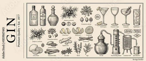 Discovering the elegant world of premium engraved gin collection with botanical elements and vintage design