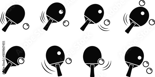 Table tennis paddle motion vector illustration set, showing ping pong racket and ball action icons isolated on white background for sport training design