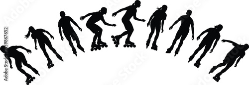 Roller skating motion sequence silhouettes vector illustration, dynamic inline skaters performing turns and balance tricks, extreme sport action progression concept
