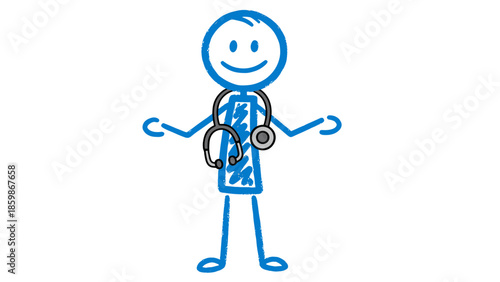 A simplified blue stick figure with a stethoscope, representing a medical professional or doctor