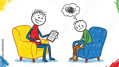 Therapy session stick figure drawing Compassionate counselor guides individual through emotional distress, promoting mental health and well-being