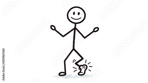 Playful stick figure illustration depicts a person experiencing sudden foot pain or injury, highlighting discomfort and health issues in a cheerful yet concerning doodle style