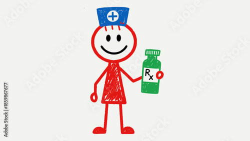 Illustration of a stick figure doctor holding a medicine bottle with an Rx symbol, representing healthcare and pharmacy services