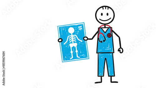 Stick figure doctor in scrubs holds X-ray of a human skeleton, symbolizing medical care and diagnosis