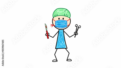 Whimsical hand-drawn stick figure doctor in surgical attire with a mask, wielding a scalpel and forceps, representing healthcare and medical operations