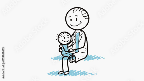 A stick figure doctor holding a smiling baby in their arms