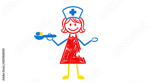 A vibrant and simple stick figure illustration of a caring nurse holding a spoon with pills, embodying the concept of compassionate healthcare and medication administration for patient wellness