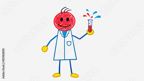 Cartoon scientist character with a bubbling test tube in hand, symbolizing discovery and innovation
