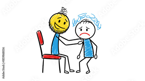Illustration of a smiling doctor comforting a sad patient with a troubled expression during a consultation