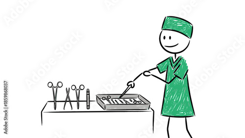 Stick figure healthcare professional meticulously prepares essential surgical instruments, symbolizing medical precision and sterile environment protocols in a clear, illustrative depiction