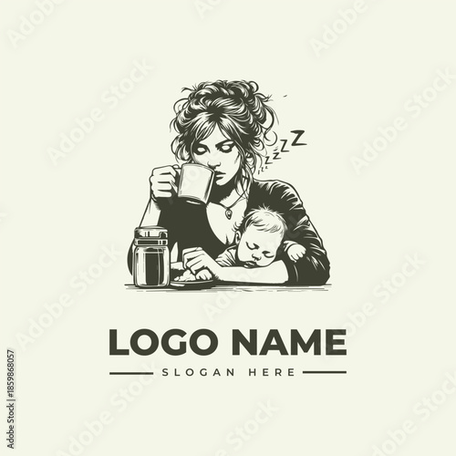 A vintage-style woodcut illustration of a sleepy mother and child with a cup of coffee and a jar, designed as a customizable logo or icon with a nostalgic feel.