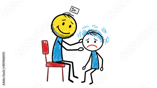 Illustration of a caring doctor reassuring a distressed child patient in a medical setting