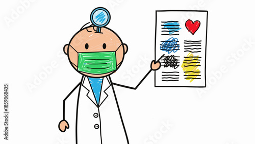 Stick figure doctor wearing a mask and pointing to a chart with medical information