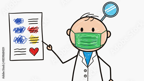 Doctor explaining symptoms on a chart with a dental mirror overhead, representing a medical consultation and diagnosis
