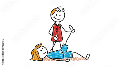 Joyful stick figure celebrating while another lies on the ground, illustrating victory or success over a challenge