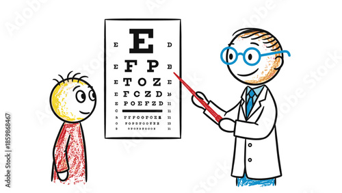 Cartoon doctor and child looking at an eye chart during an eye examination