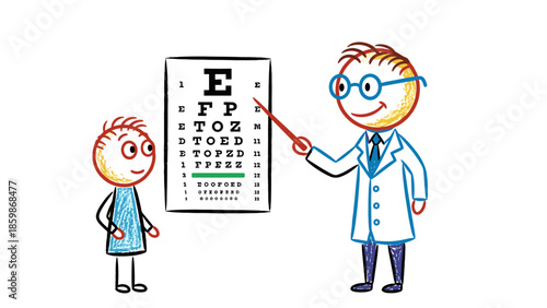 Ophthalmologist performing an eye exam on a child using a Snellen chart, demonstrating visual acuity and eye health check