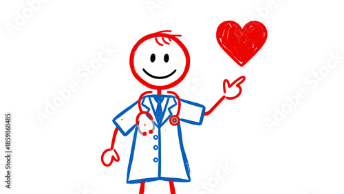 Illustration of a cheerful stick figure doctor in a white lab coat and stethoscope, pointing towards a red heart symbol