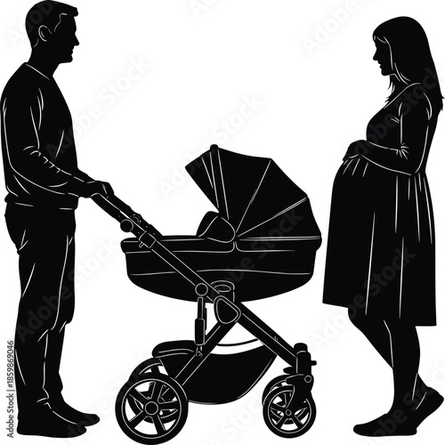 WebPregnant woman and man with baby stroller silhouette vector illustration, expecting parents facing each other, family pregnancy concept, parenthood lifestyle design