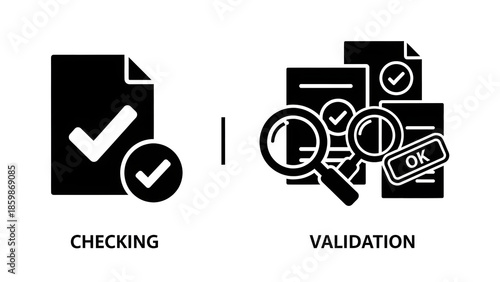 Comprehensive visual guide with black and white icons illustrating essential processes of document review, data verification, and system validation for quality assurance