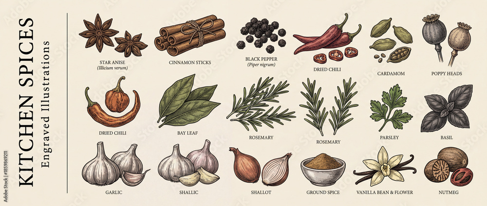 Obraz premium Engraved premium collection of vintage kitchen spices showcasing aromatic herbs and flavors